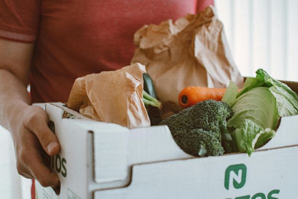 Person holding a box filled with fresh vegetables, ideal for health and produce concepts.